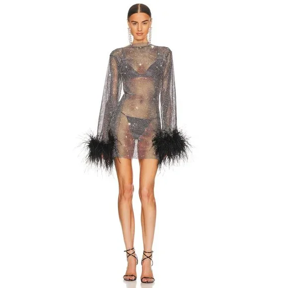 Santa Brands Black Rhinestone Ostrich Feather Mini Dress - Picture 6 of 11